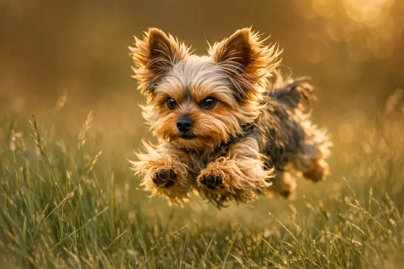 Yorkshire Terrier sprinting through grass showcasing high prey drive