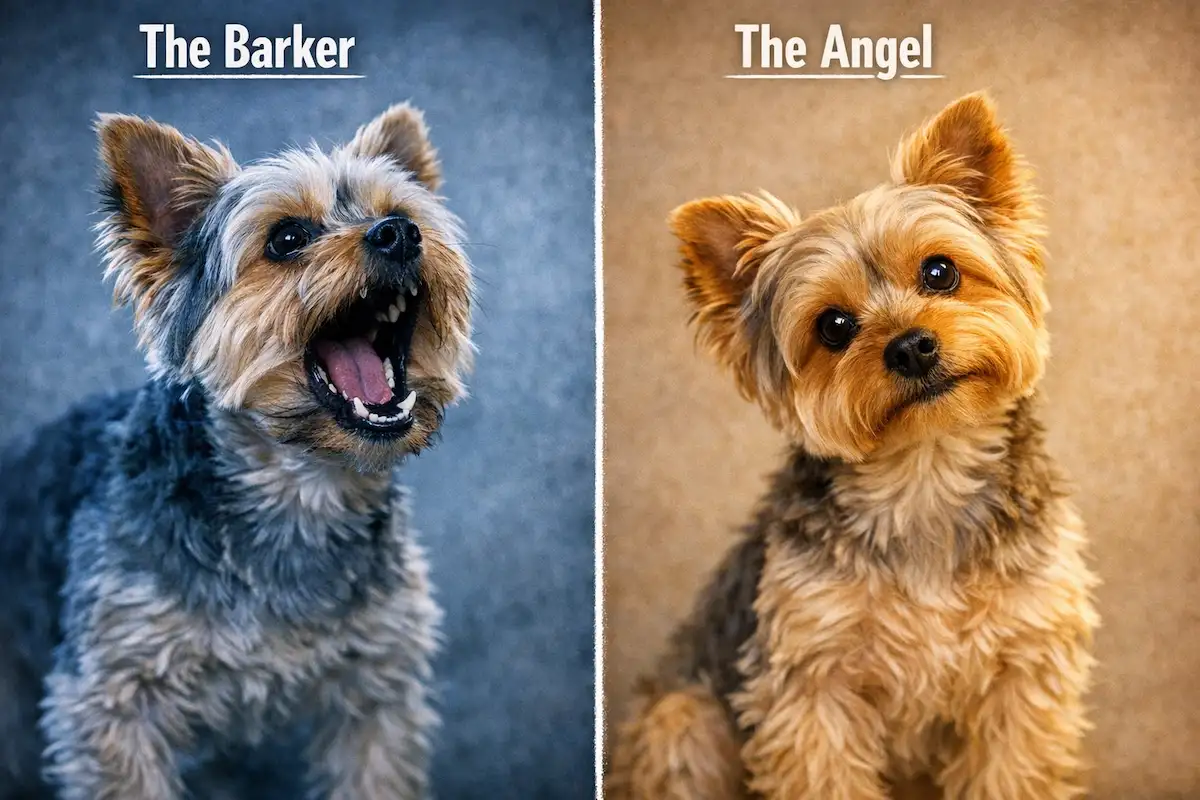 Yorkie barking behavior vs calm behavior contrast