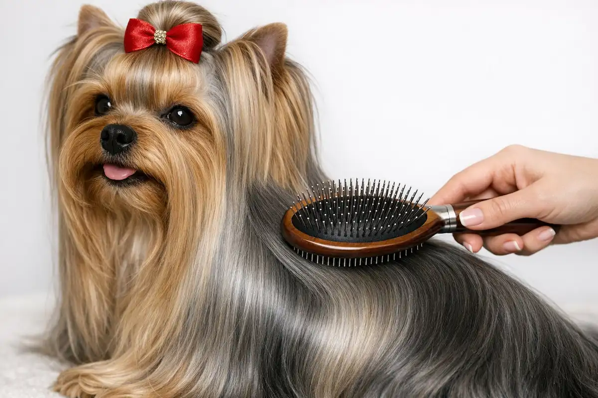 Yorkshire Terrier with long silky coat being gently brushed