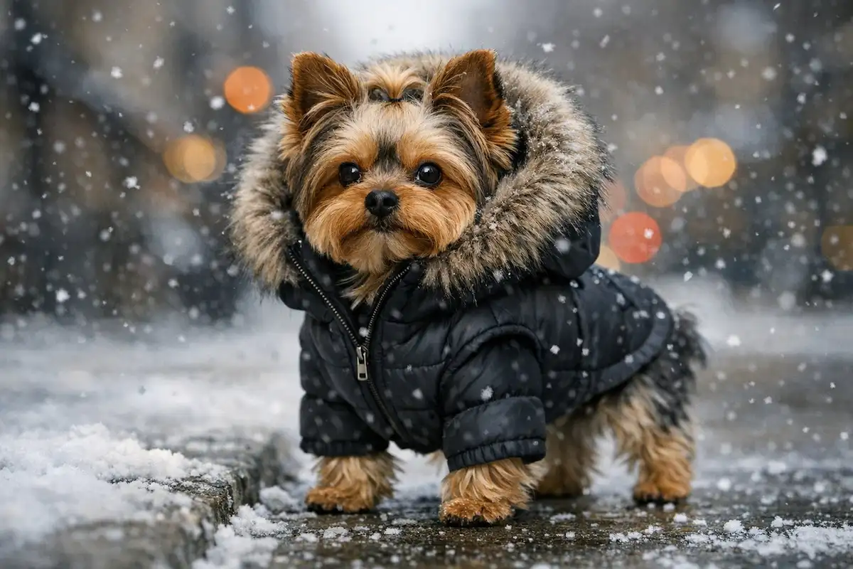 Yorkshire Terrier wearing a warm winter coat in the snow