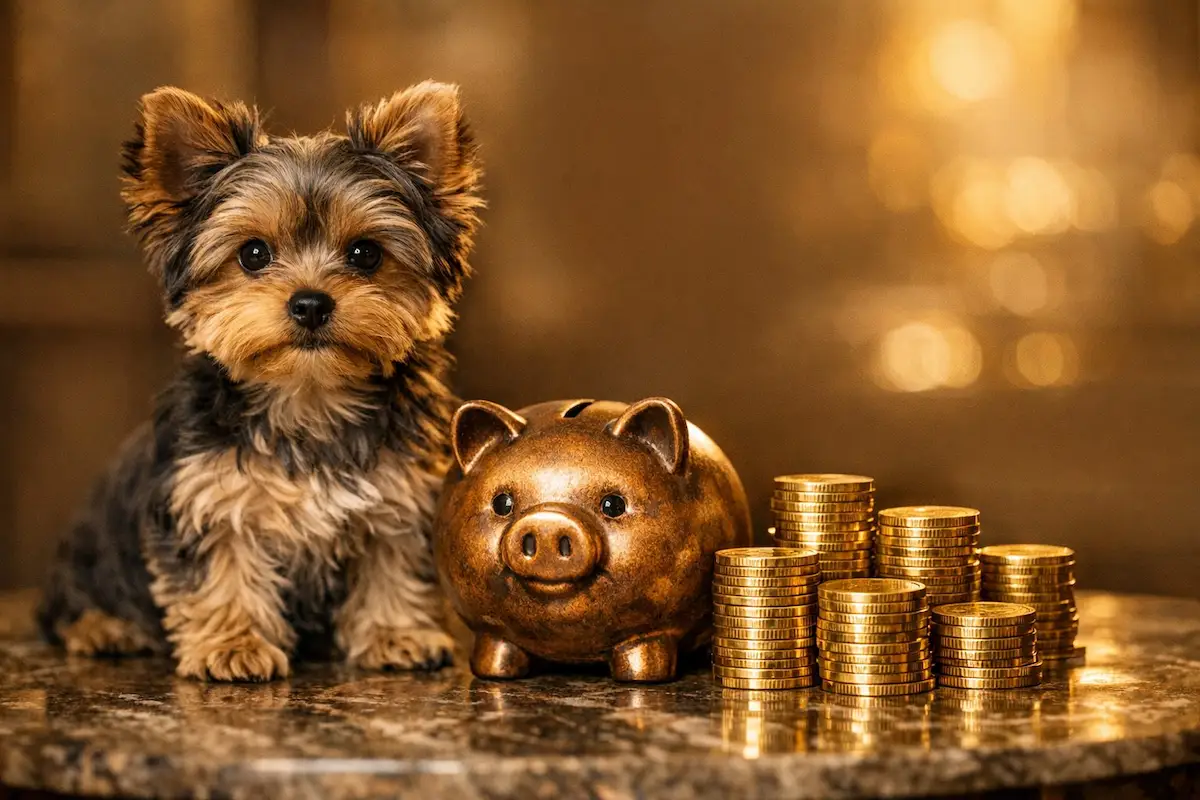 Yorkshire Terrier puppy with piggy bank representing cost of ownership