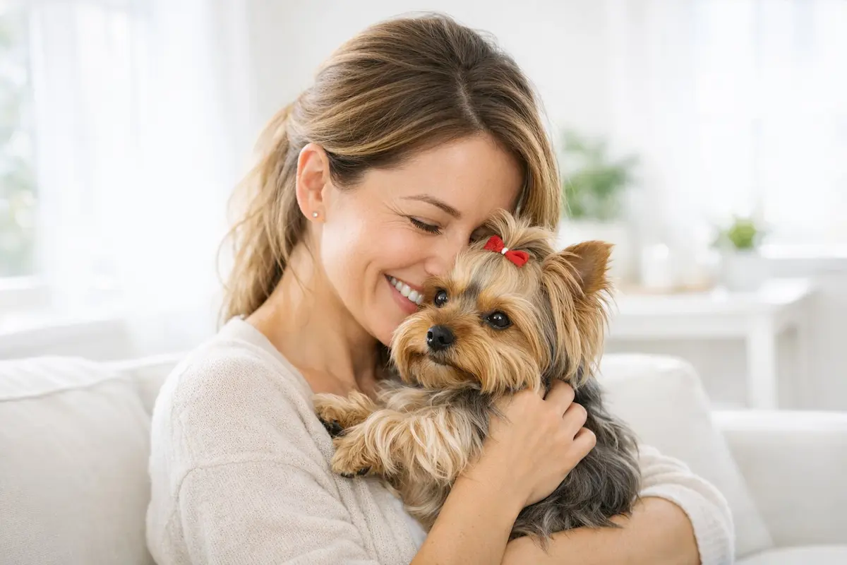 Woman happily hugging a Yorkshire Terrier, demonstrating low allergy risk