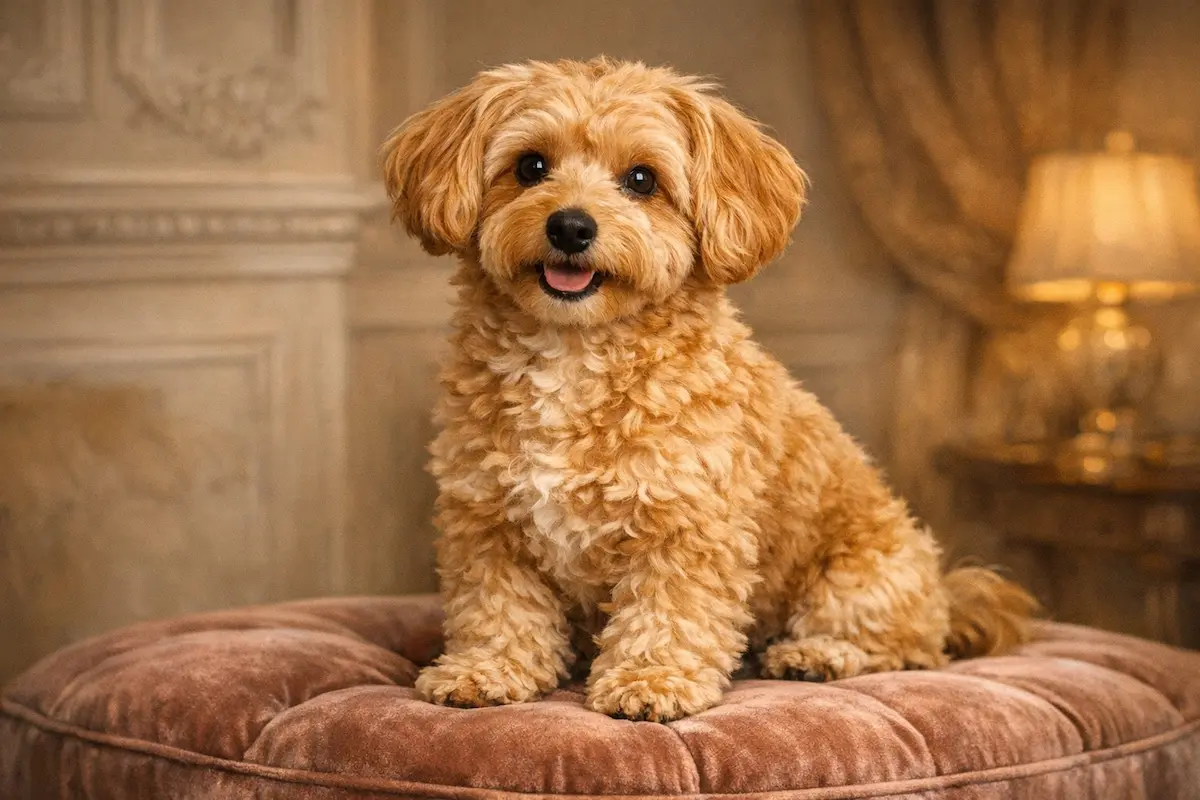 Apricot Yorkie-Poo sitting on a velvet ottoman