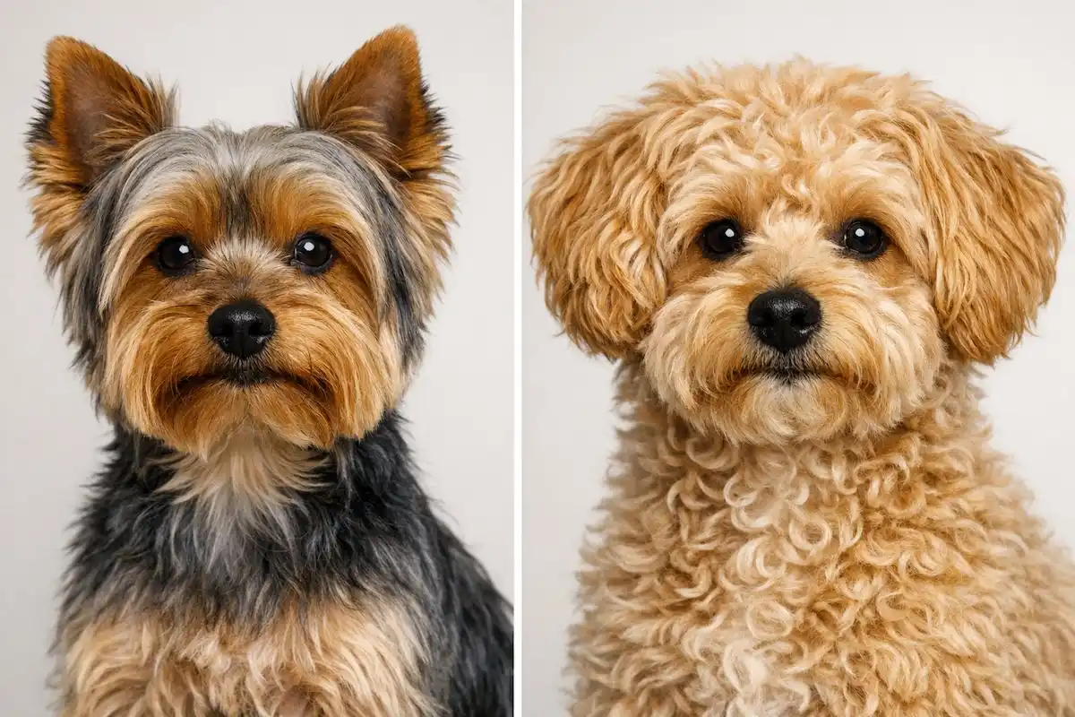 Side by side comparison of a purebred Yorkshire Terrier and a Yorkie-Poo mix