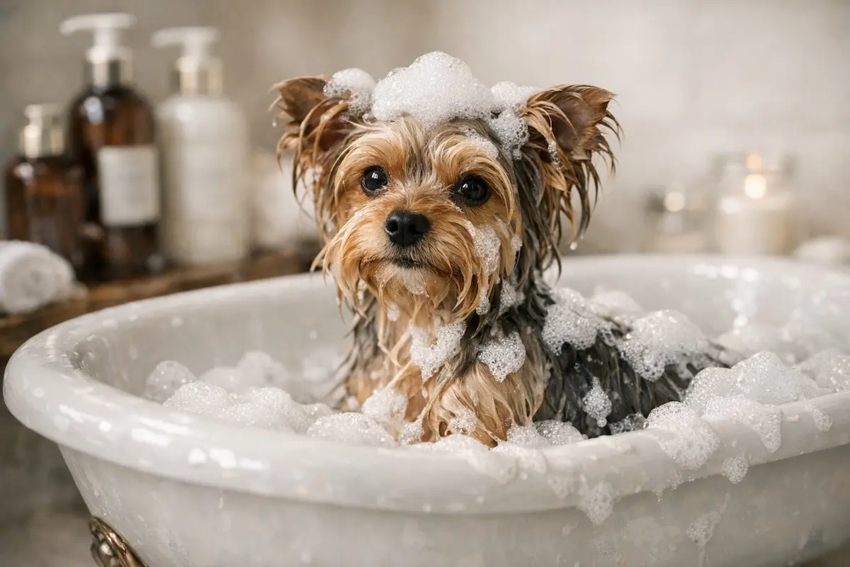 Yorkshire Terrier enjoying a gentle bath with premium shampoo