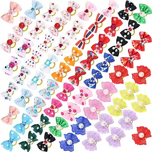 60Pcs Yorkie Dog Puppy Hair Bows with Rubber Bands, Rhinestone Pearls & Handmade Lace Fabric