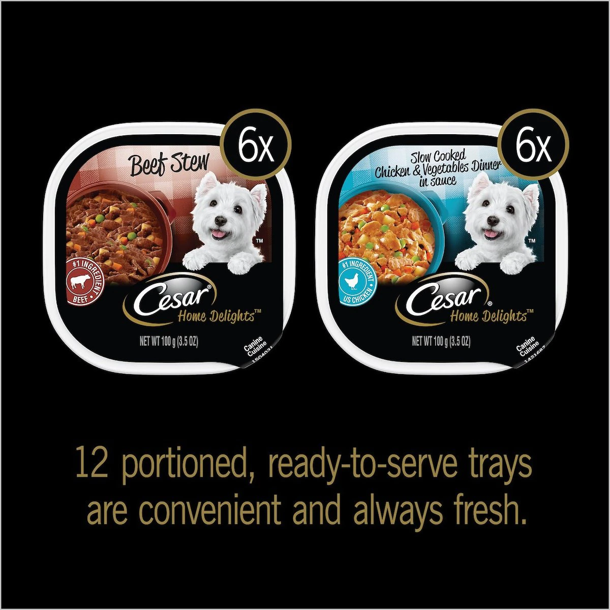CESAR HOME DELIGHTS Soft Wet Dog Food Slow Cooked Chicken & Vegetables Dinner and Beef Stew Variety Pack, Easy Peel Trays, 3.5 Oz - 12 Count (Pack of 2)