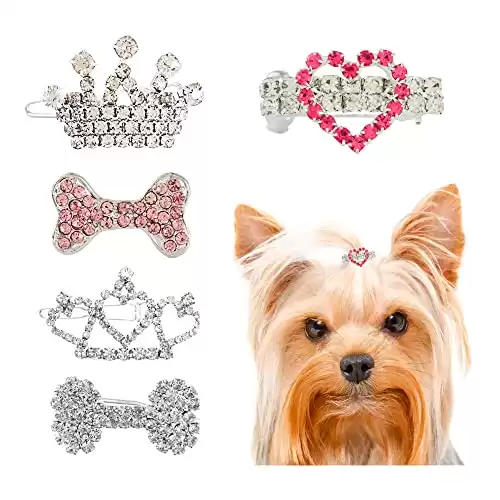 Set of 5 Dog Hair Accessories - Crystal Rhinestone Hair Bows, Barrettes, and Tiara for Small Dogs such as Chihuahuas, Yorkies, and Shih Tzus.