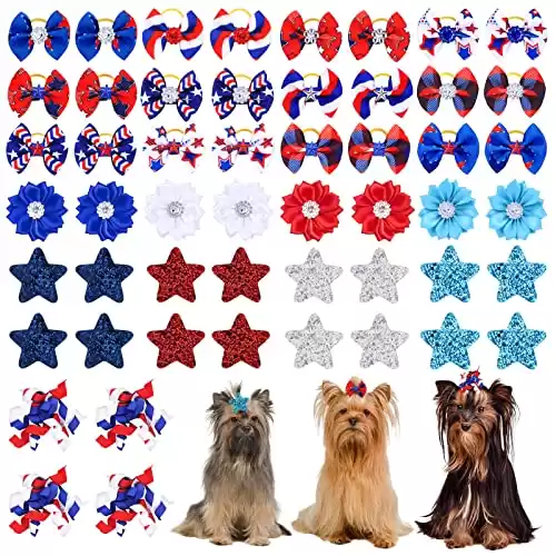 Patriotic Pet Hair Accessories - Set of 26 Pairs (52 Pieces) of 4th of July Dog Bows with Rubber Bands in Red, White, and Blue. Perfect for Memorial Day, Independence Day, and Patriotic Celebrations