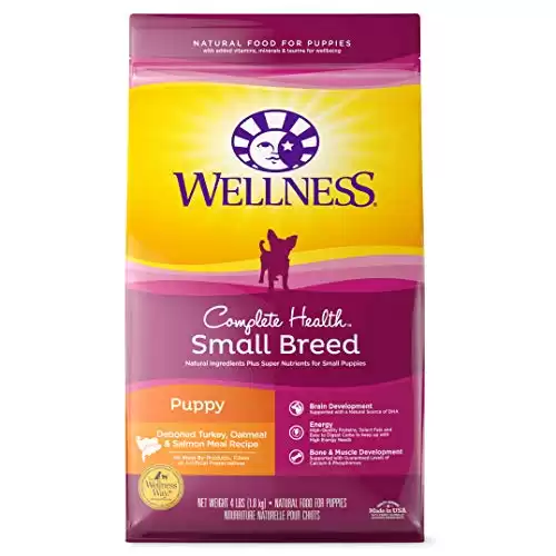 Wellness Complete Health Small Breed Dry Dog Food with Grains, Natural Ingredients, Made in USA with Real Turkey, For Dogs Up to 25 lbs. (Puppy, Turkey, Salmon & Oatmeal, 4-Pound Bag)