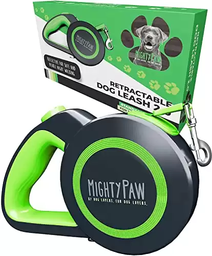 Mighty Paw Retractable Dog Leash 2.0 | 16’ Heavy Duty Reflective Nylon Tape Lead for Pets Up to 50 LBS. Tangle Free Design W/One Touch Quick-Lock Braking System & Anti-Slip Handle. (Green/Lite)