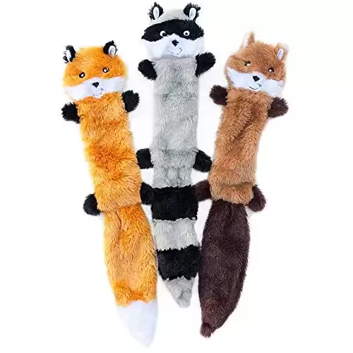 ZippyPaws Skinny Peltz is a pack of 3 soft plush dog toys with no stuffing and squeakers inside. The pack includes a fox, raccoon, and squirrel and is suitable for small and medium breeds.