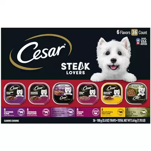 CESAR Adult Wet Dog Food Classic Loaf in Sauce Steak Lovers Variety Pack with Real Meat, 3.5 oz. Easy Peel Trays, Pack of 36